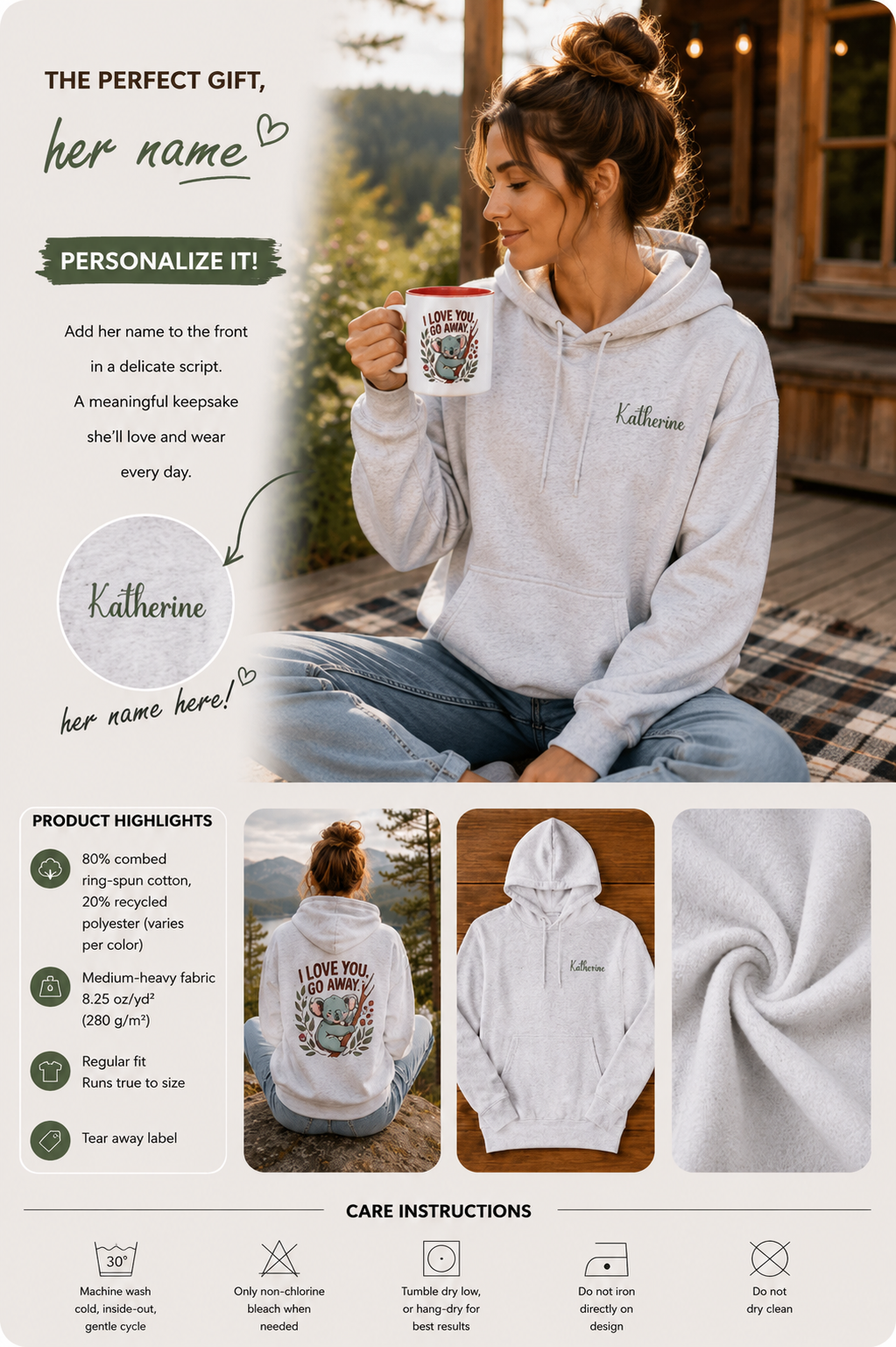 Product information graphic showing personalization placement, fabric details, and care instructions