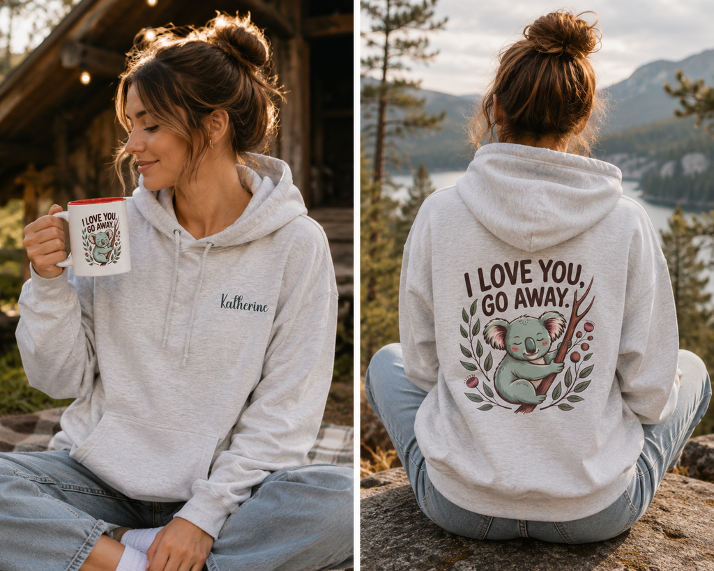 Woman wearing the personalized hoodie, front view with name on the chest and back view showing the design