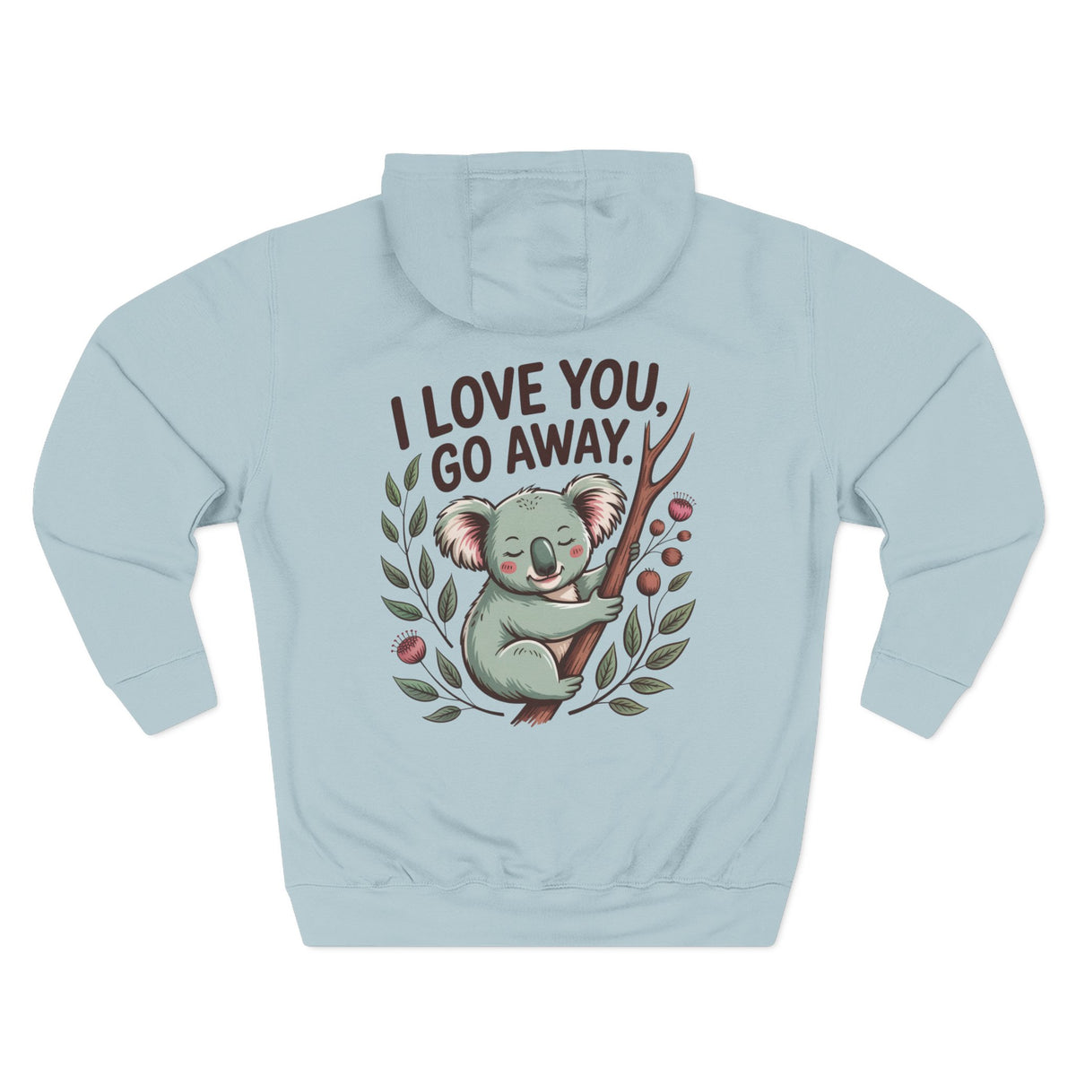 Front view of blue mist hoodie with customizable name embroidered on the chest