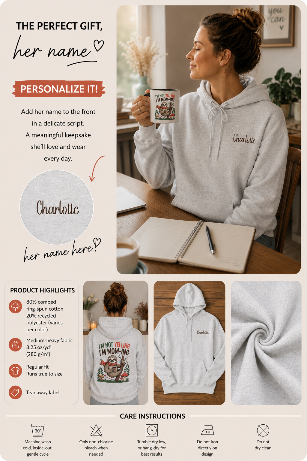a informational lifestyle image of personalized hoodie printed with "I'm Not Yelling, I'm Mom-ing" and embroidered with "Charlotte"