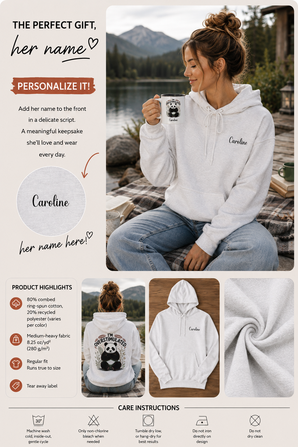 A woman wearing a light heather gray hoodie is shown in a split view, for her or mom, holding a mug in a lakeside setting and standing outdoors to show the back graphic. The hoodie has a panda illustration with the text 'I'M OVERSTIMULATED' and 'Caroline' printed on the chest. For her or for mom, personalizable name on the front left. Informational image