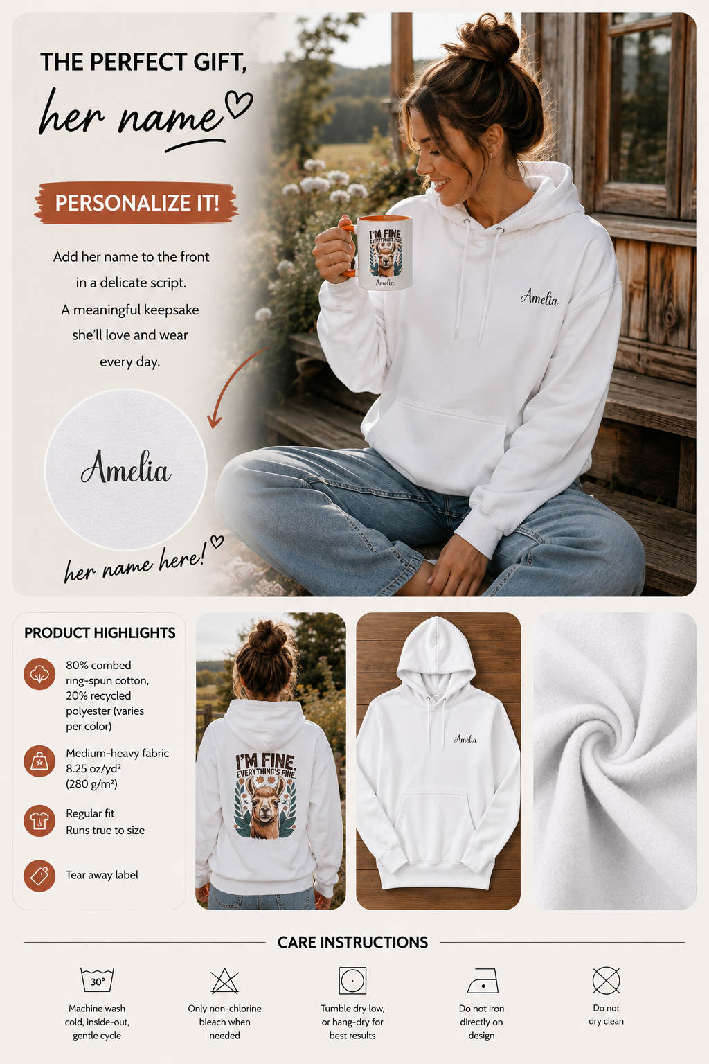 Product information graphic showing personalization placement, fabric details, and care instructions