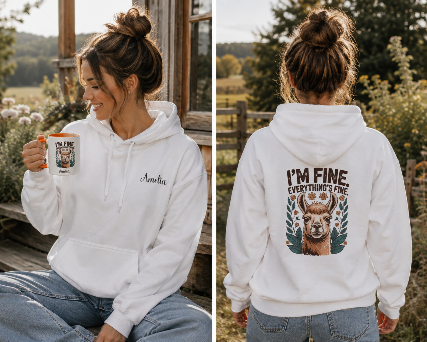 Woman wearing the personalized hoodie, front view with name on the chest and back view showing the design