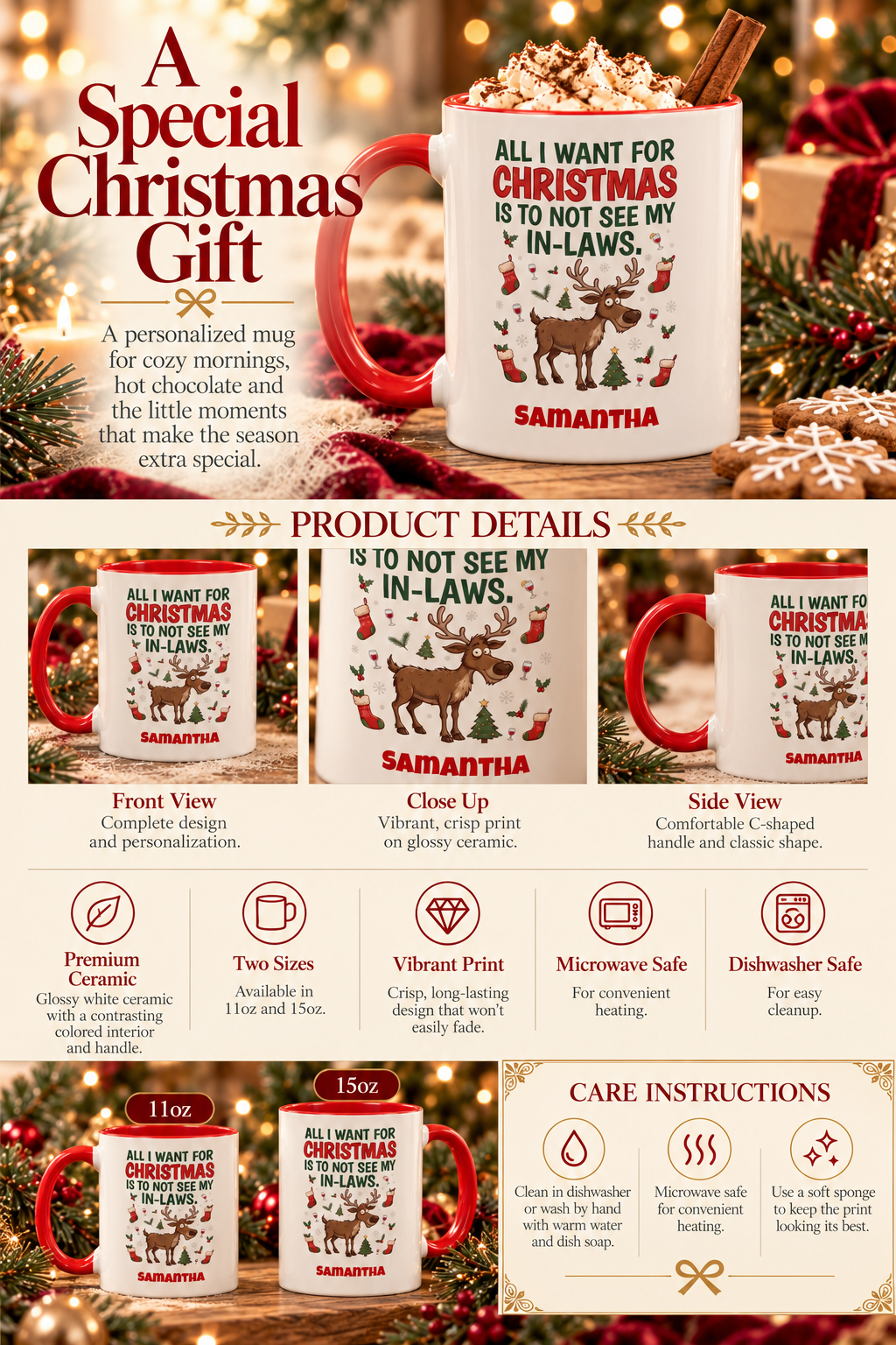 Personalized Not See My In-Laws mug infographic with sizes, features and care instructions