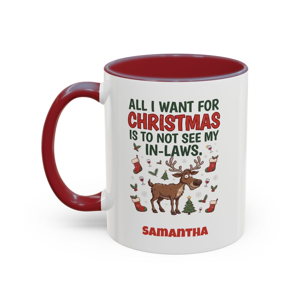 Maroon personalized Not See My In-Laws mug, 11oz, design side with handle on the left