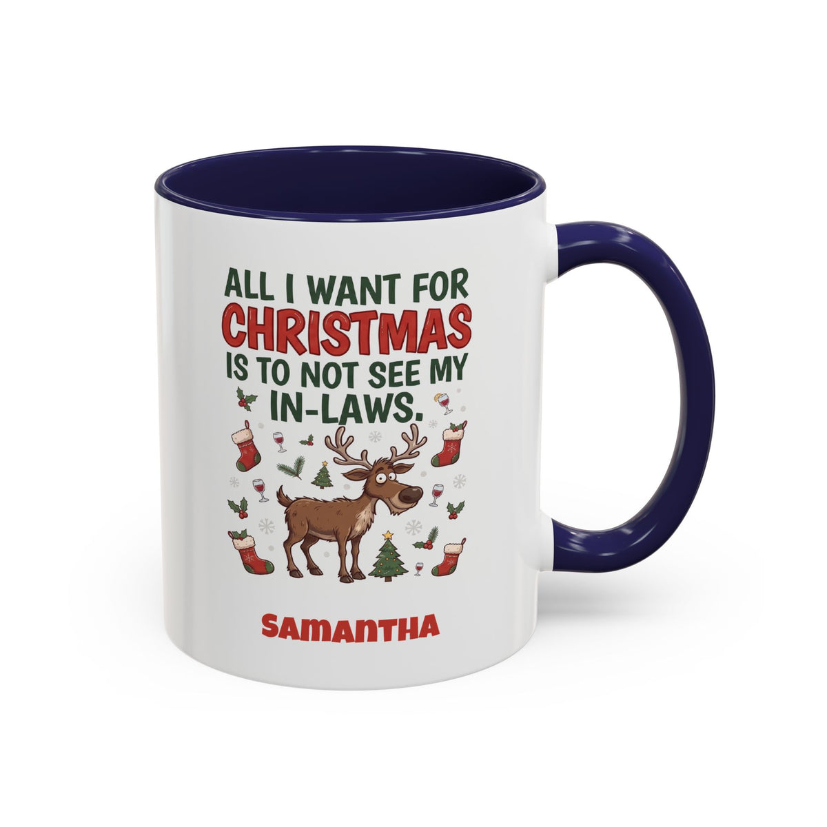Navy personalized Not See My In-Laws mug, 11oz, design side with handle on the right