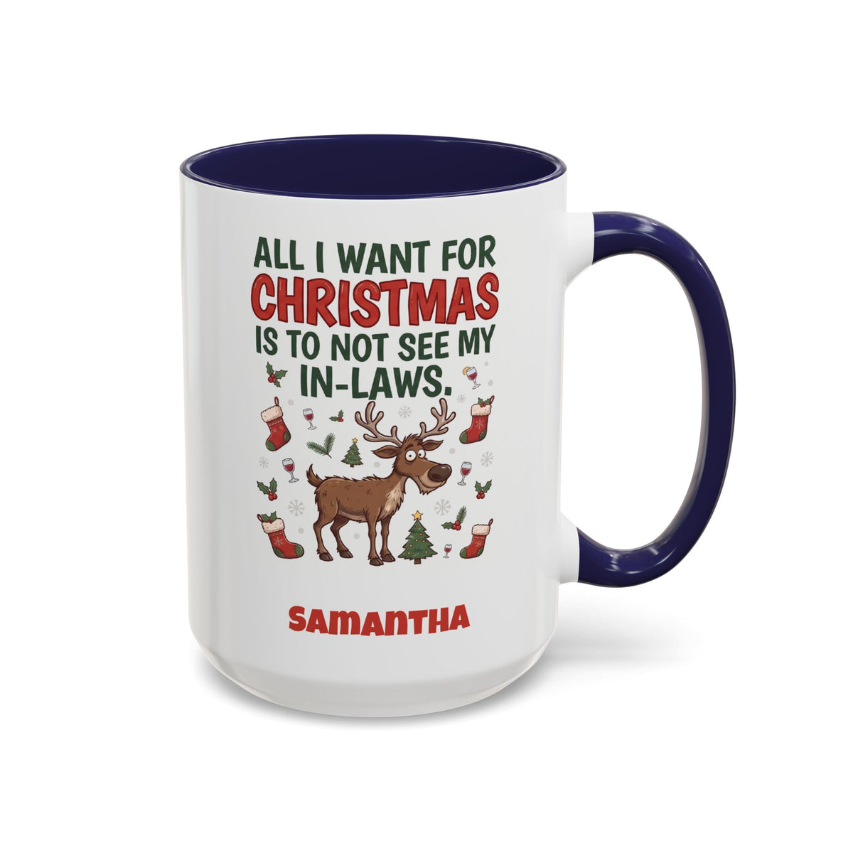 Navy personalized Not See My In-Laws mug, 15oz, design side with handle on the right
