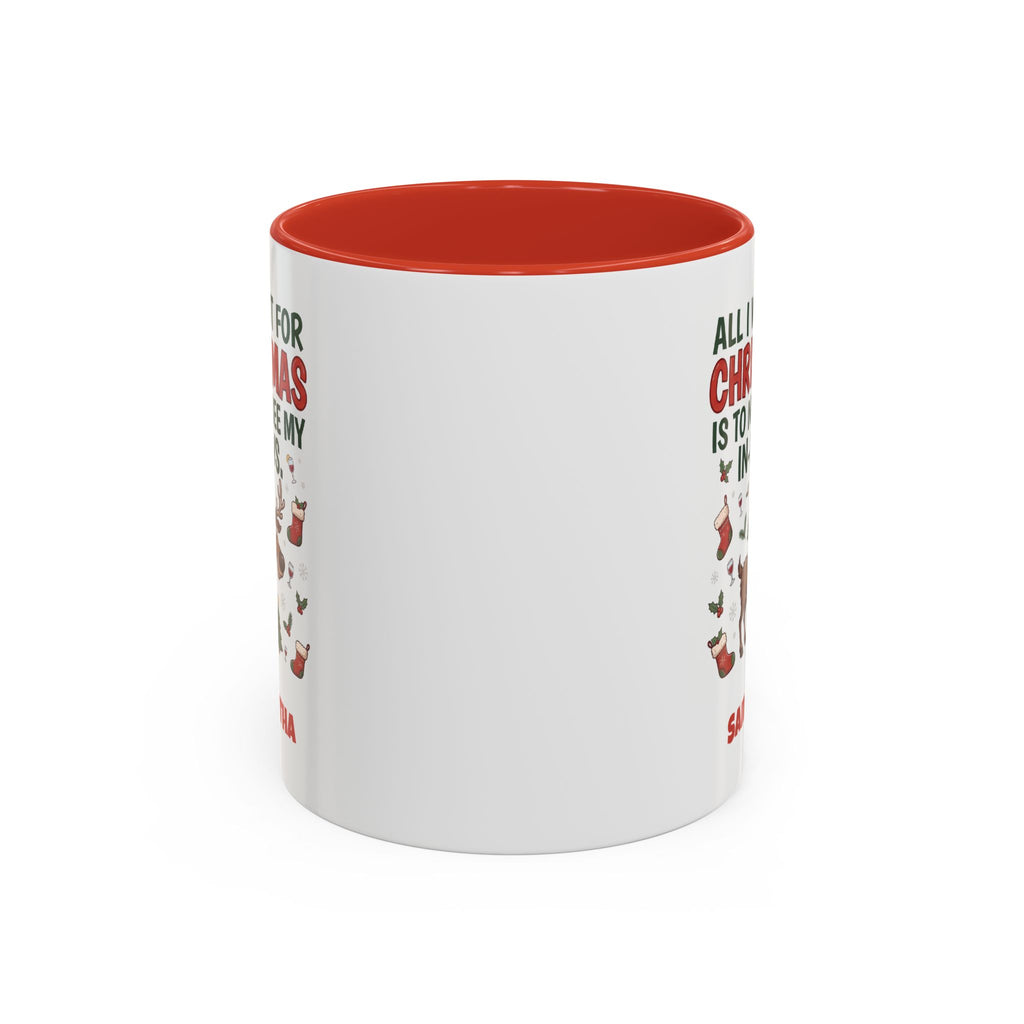 Red personalized Not See My In-Laws mug, 11oz, back view