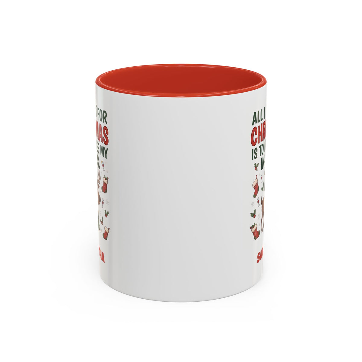 Red personalized Not See My In-Laws mug, 11oz, back view