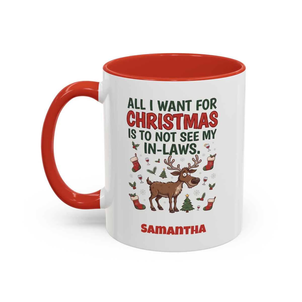 Red personalized Not See My In-Laws mug, 11oz, design side with handle on the left