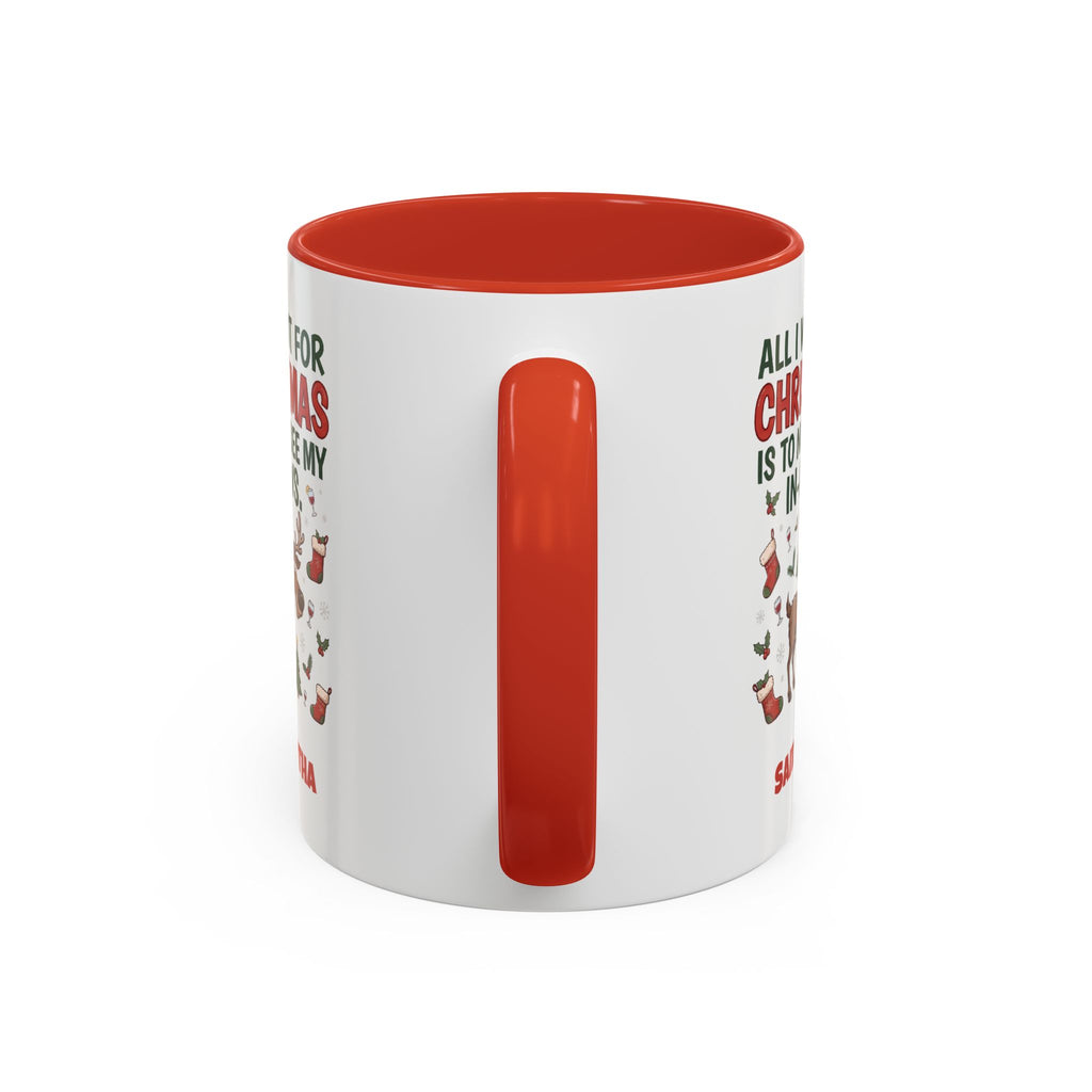 Red personalized Not See My In-Laws mug, 11oz, handle view