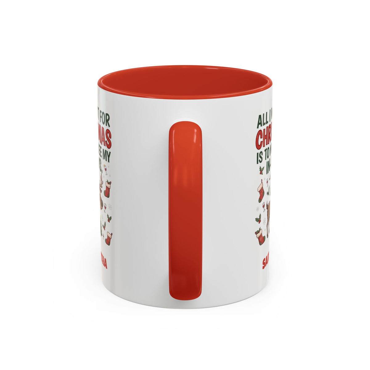 Red personalized Not See My In-Laws mug, 11oz, handle view
