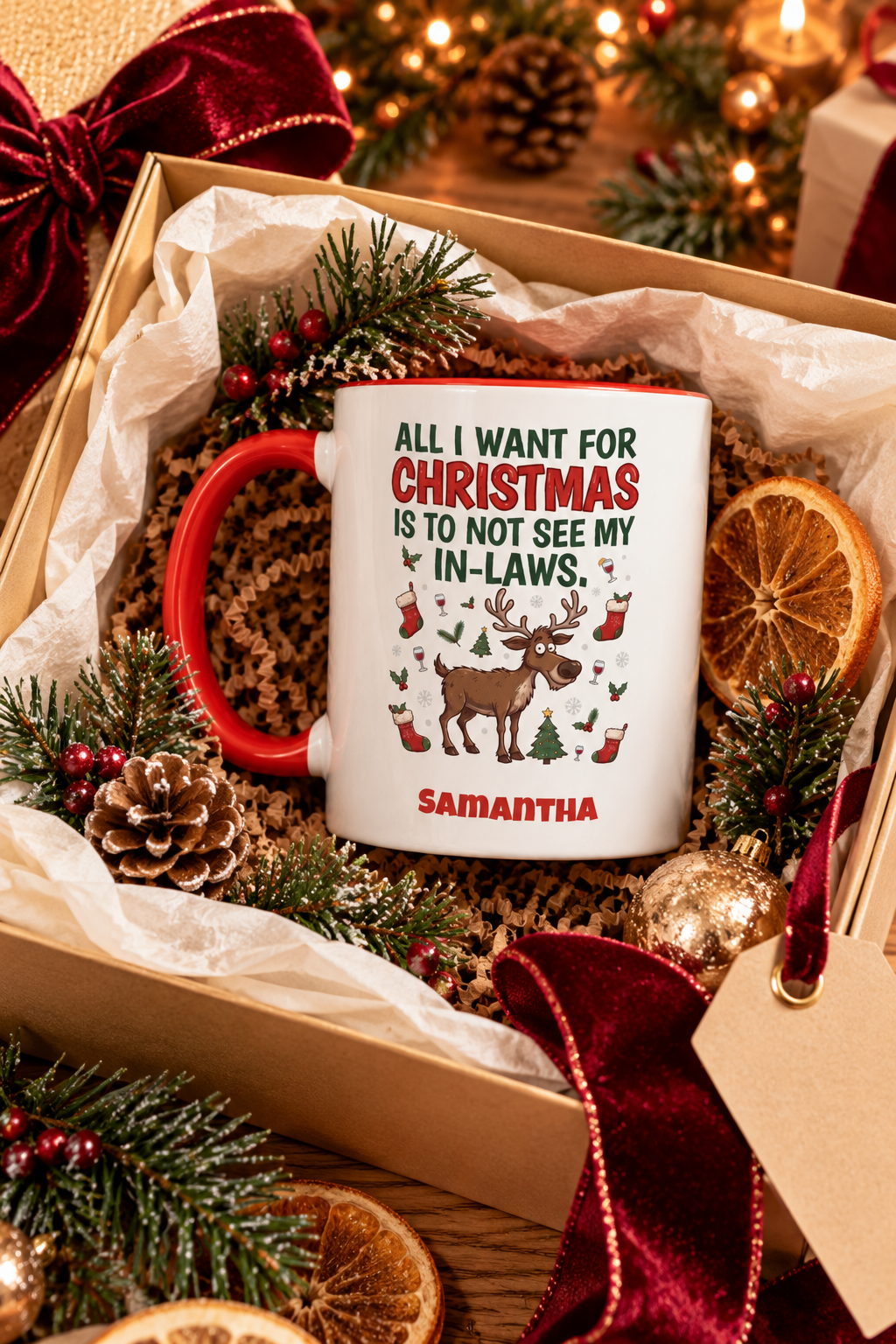 Red personalized Not See My In-Laws mug in a Christmas gift box, lifestyle photo