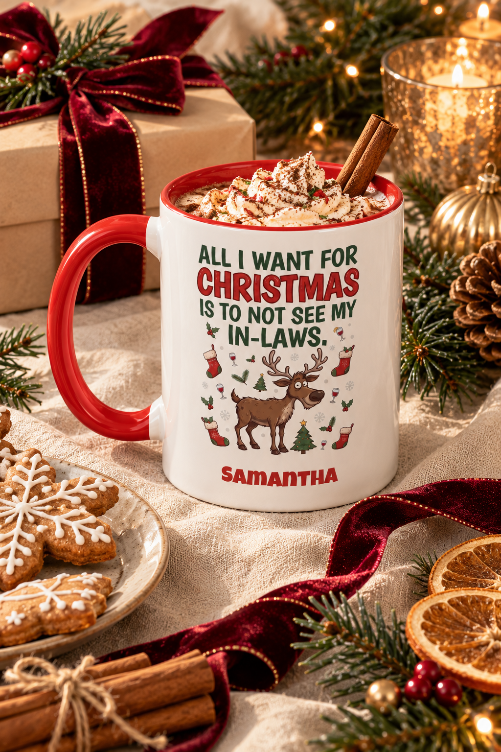 Red personalized Not See My In-Laws mug with hot cocoa and Christmas treats, lifestyle photo