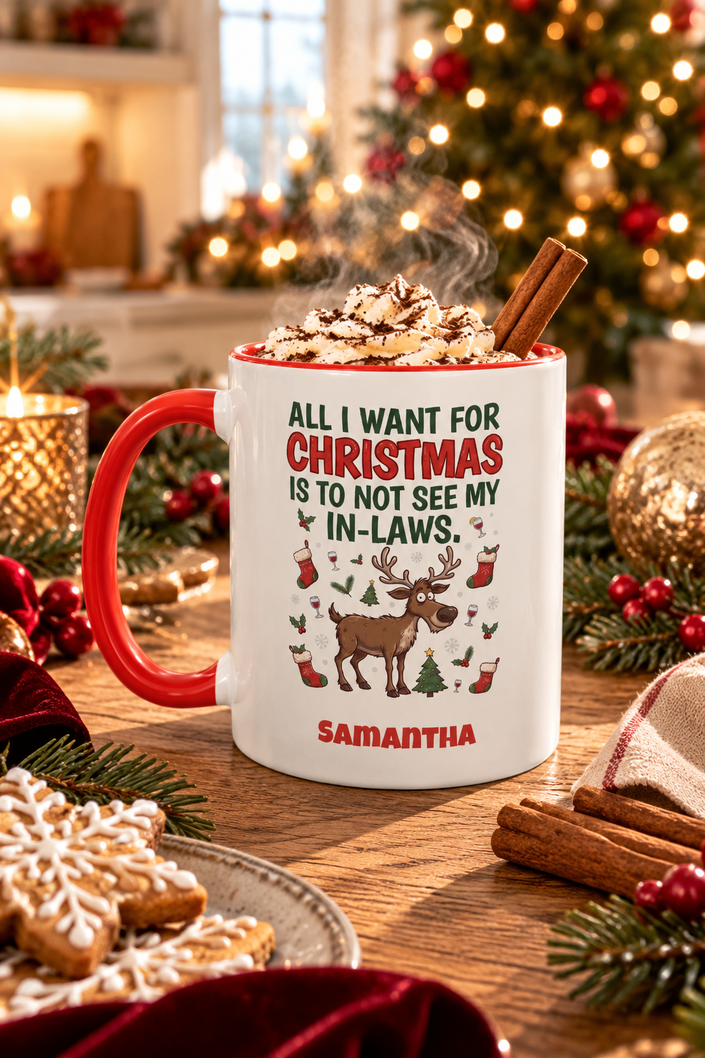 Red personalized Not See My In-Laws mug with hot cocoa by the Christmas tree, lifestyle photo