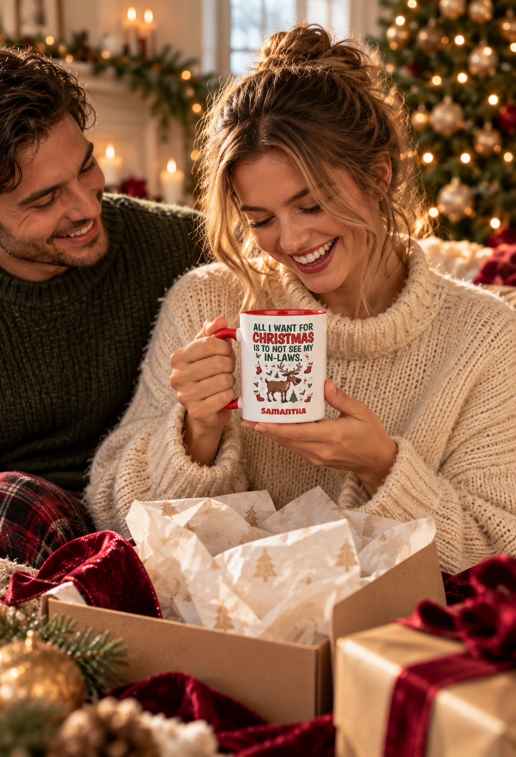 Red personalized Not See My In-Laws mug being unwrapped as a Christmas gift, lifestyle photo