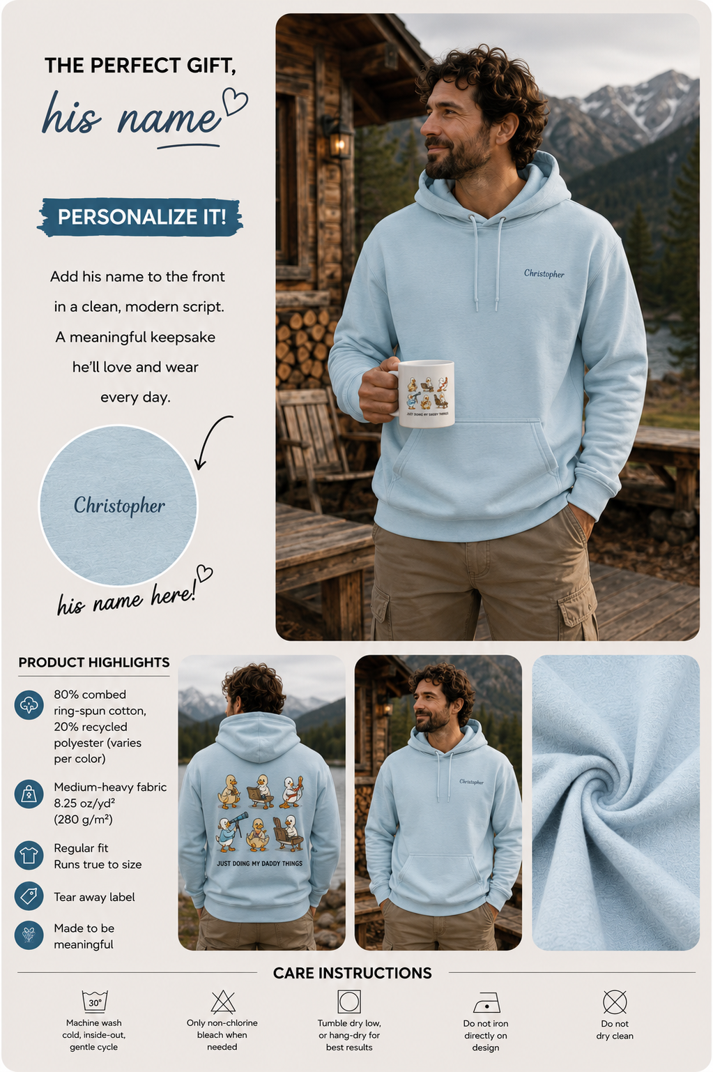 Customizable (name) light blue hoodie promotional graphic with a large model photo, front/back views, fabric close-up, care instructions, and a name-change example on a white background.