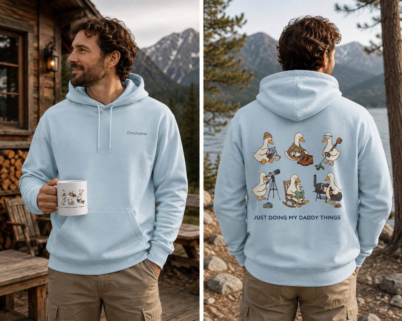 A man wearing a light blue hoodie is shown from both the front and back in a split-screen outdoor setting. The front has a small embroidered name on the chest, that is customizable and the back features a humorous cartoon graphic of ducks with the text 'JUST DOING MY DADDY THINGS'.