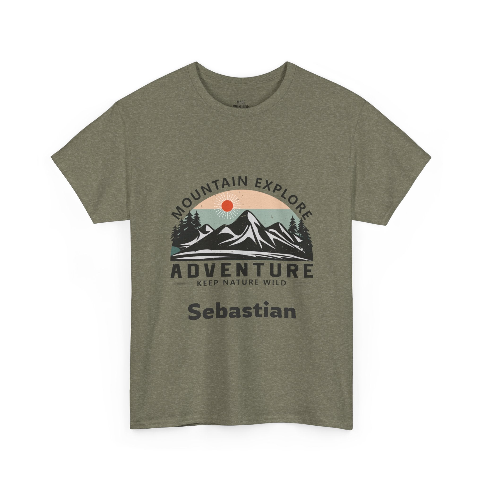 Keep Nature Wild personalized t-shirt with mountain sunset badge design and name on the front