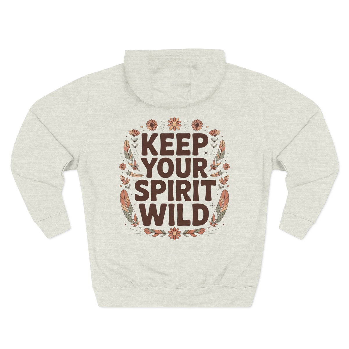 Oatmeal heather personalized hoodie, back view, with “Keep Your Spirit Wild” design
