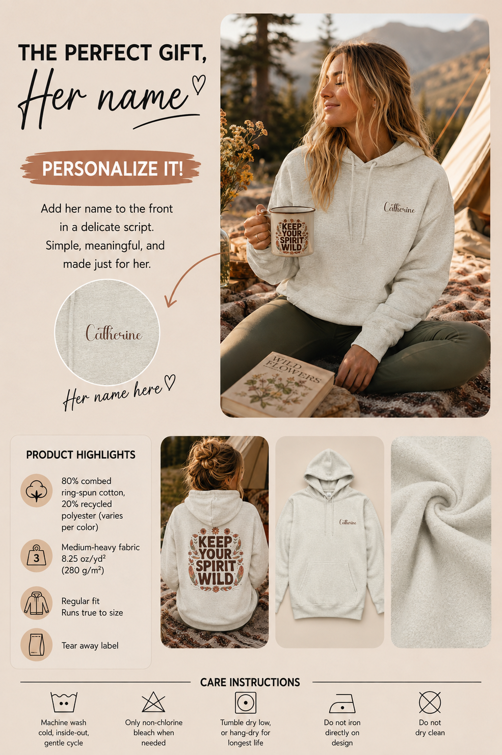 Product information graphic showing personalization placement, fabric details, and care instructions
