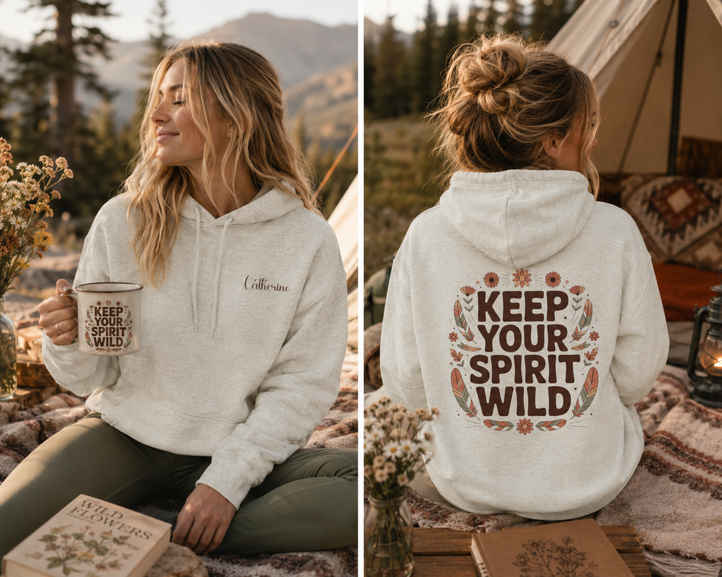 Woman wearing the personalized hoodie, front view with name on the chest and back view showing the design
