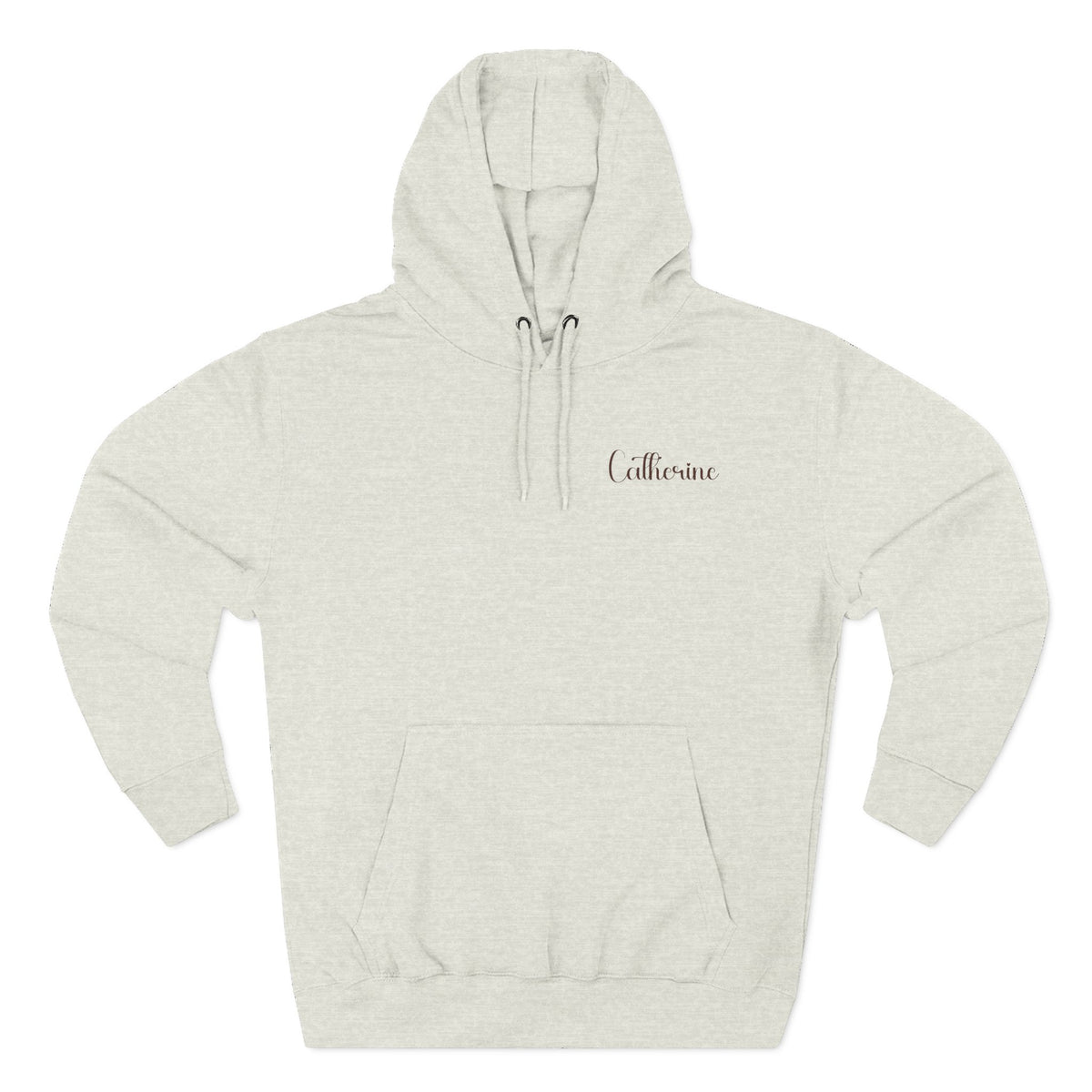 Front view of oatmeal heather hoodie with customizable name embroidered on the chest