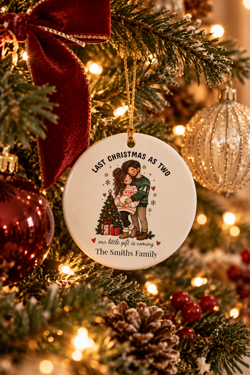 Personalized Last Christmas as Two ornament on a decorated Christmas tree with red ribbon and warm lights, lifestyle photo