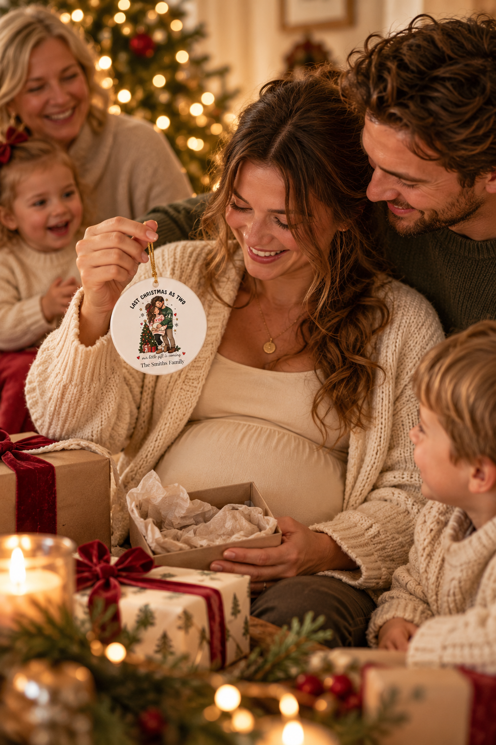 Expecting mom unwrapping the Last Christmas as Two ornament with her family
