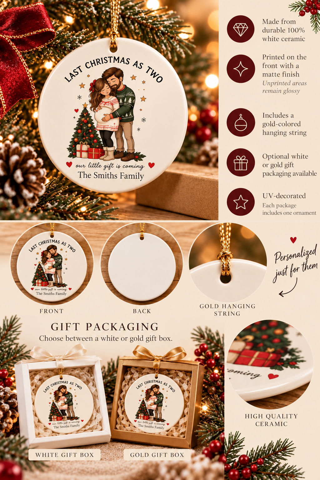 Personalized Last Christmas as Two ornament infographic with features, gift packaging options and care instructions