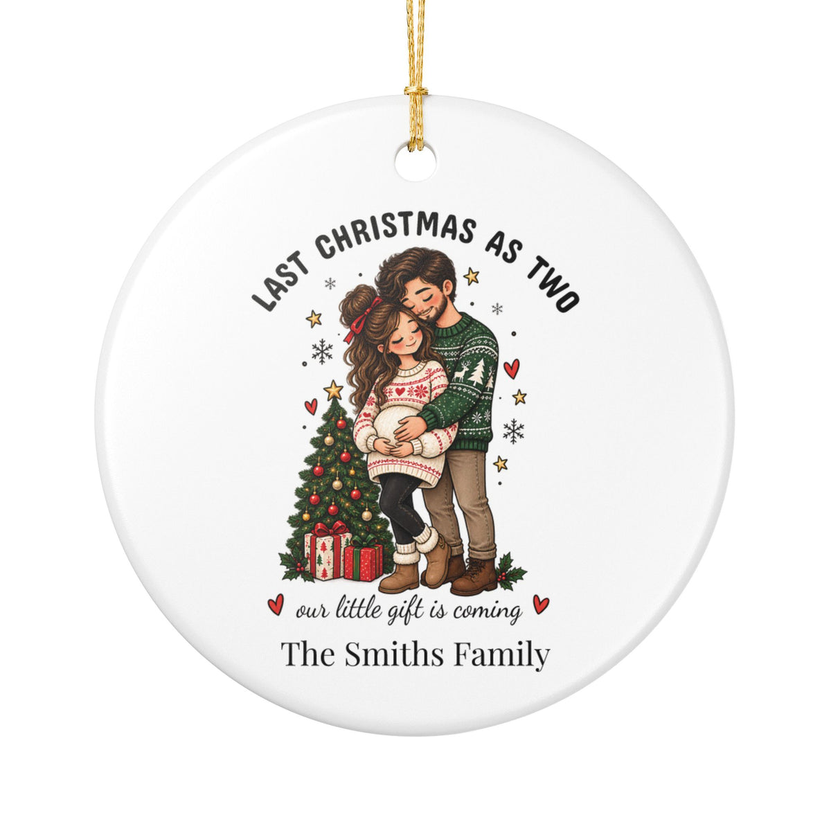 Personalized Last Christmas as Two ornament with an expecting couple hugging beside the Christmas tree, front view