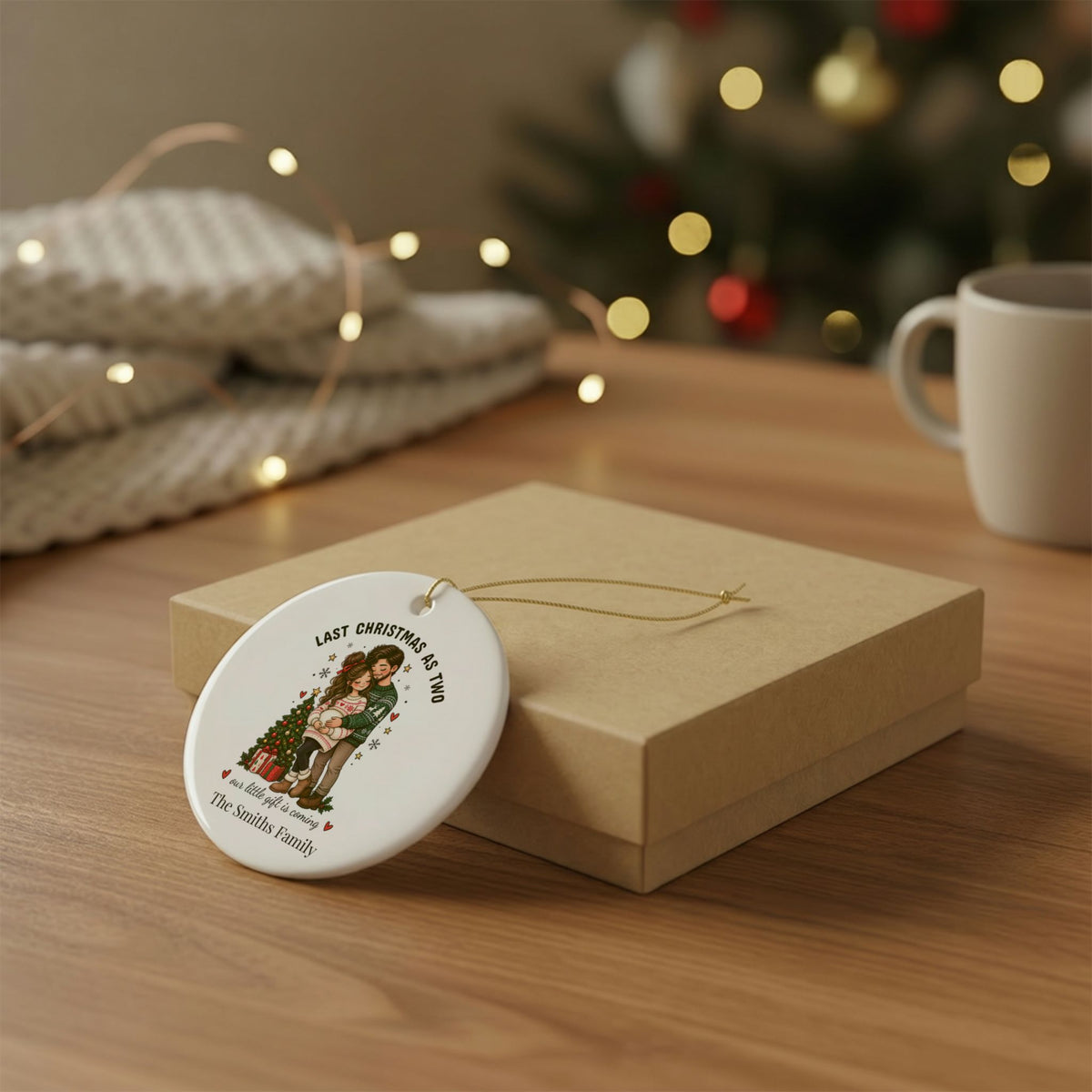 Personalized pregnancy announcement ornament resting on a kraft gift box beside a mug and knit throw