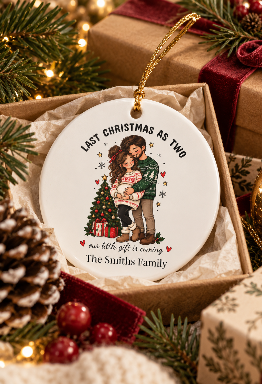 Last Christmas as Two ornament nestled in a kraft gift box with crinkle paper, ready to give