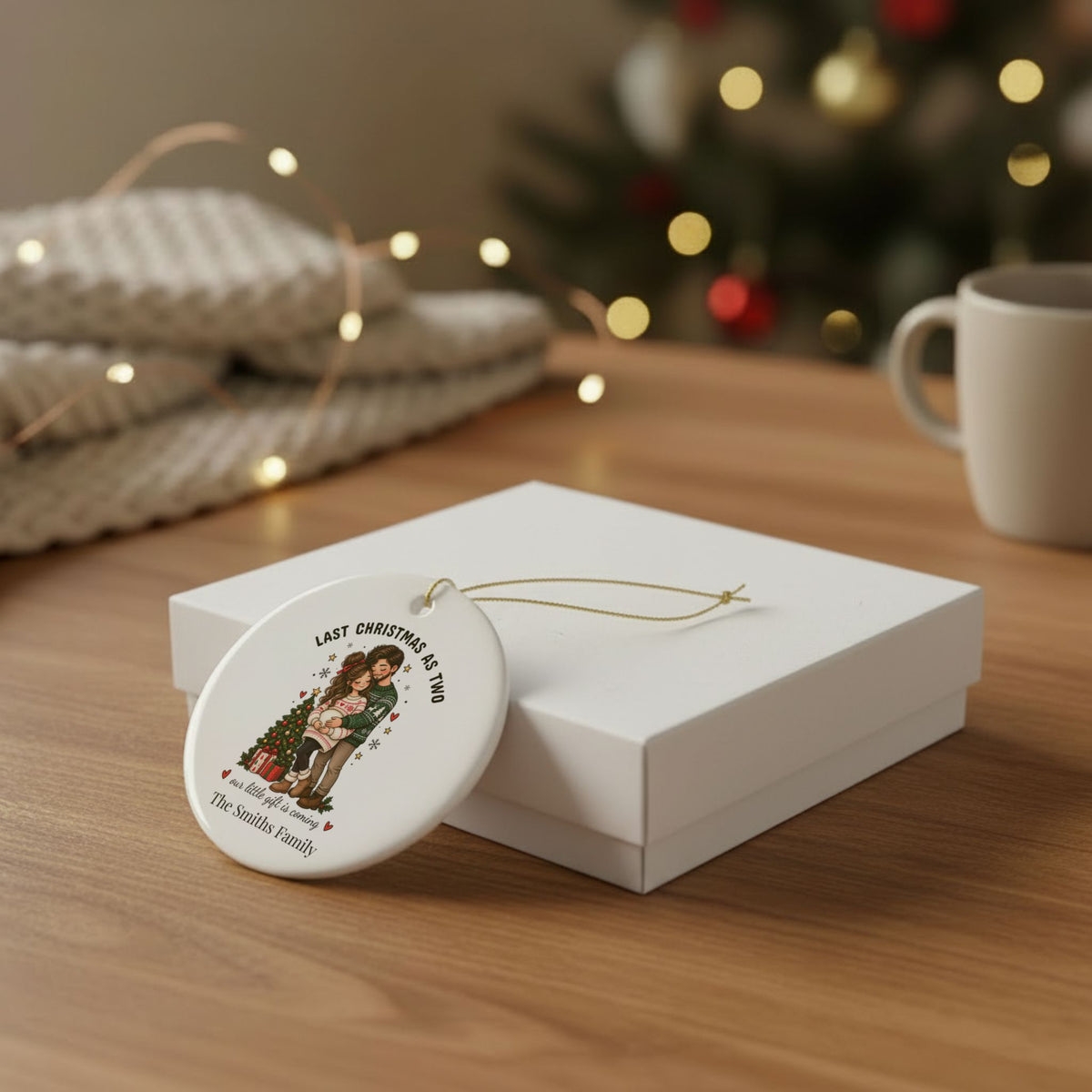 Last Christmas as Two ornament leaning against a white gift box on a wooden table