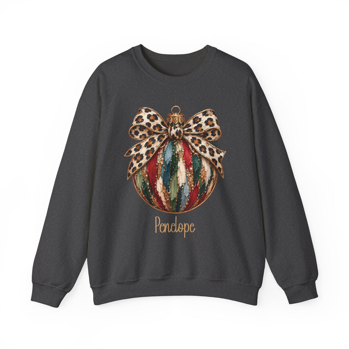 Dark Heather personalized Leopard Bow Bauble sweatshirt, front view