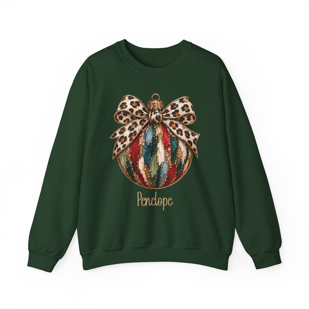 Forest Green personalized Leopard Bow Bauble sweatshirt, front view