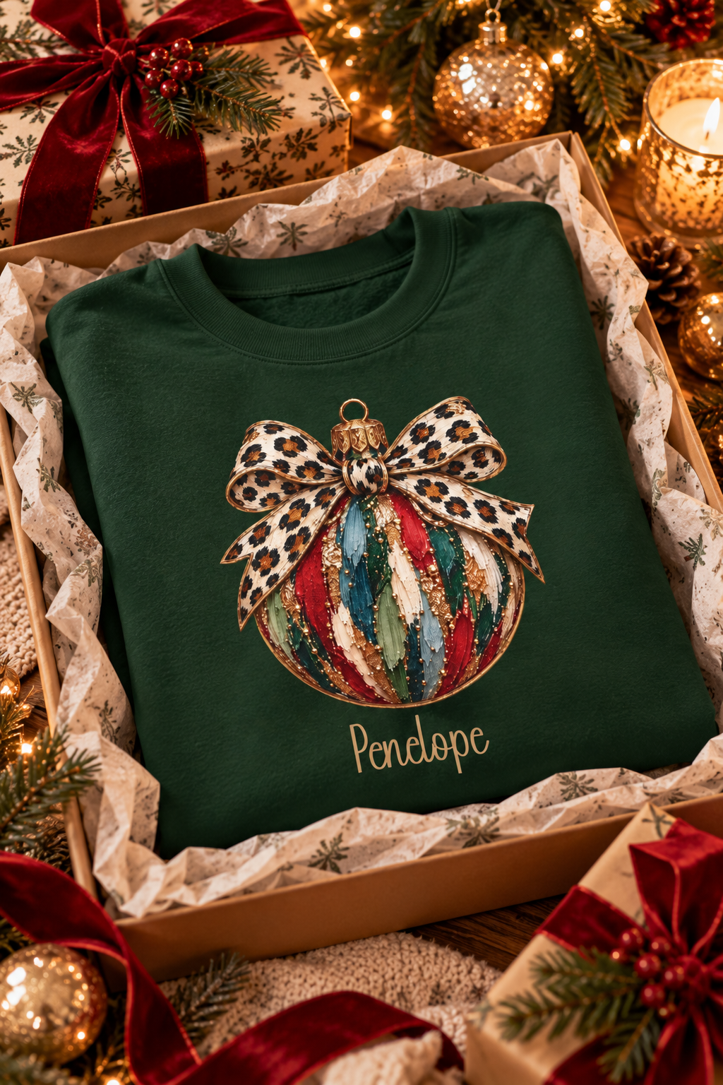 Forest Green personalized Leopard Bow Bauble sweatshirt, in a Christmas gift box, lifestyle photo