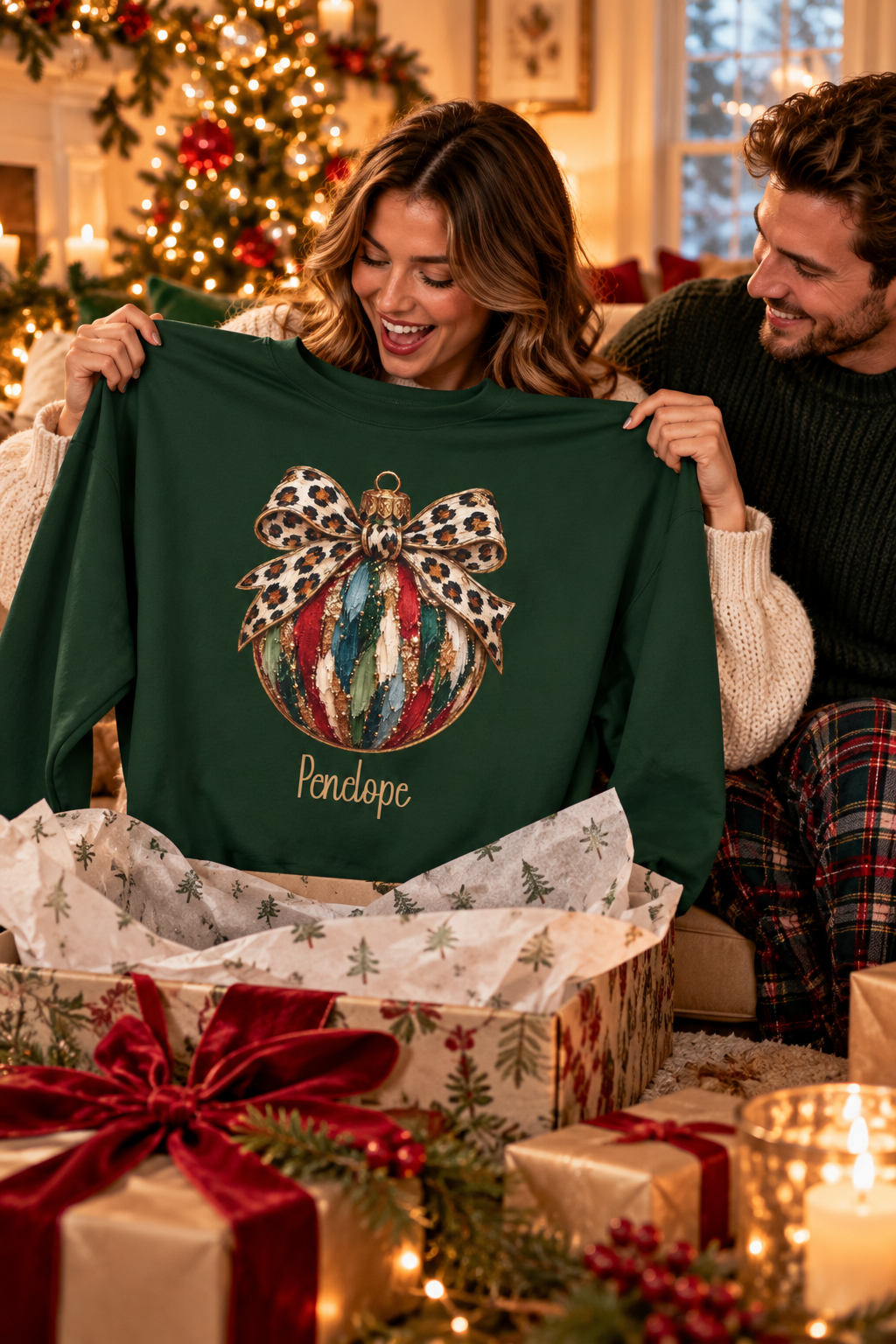 Forest Green personalized Leopard Bow Bauble sweatshirt, couple unwrapping it as a Christmas gift, lifestyle photo