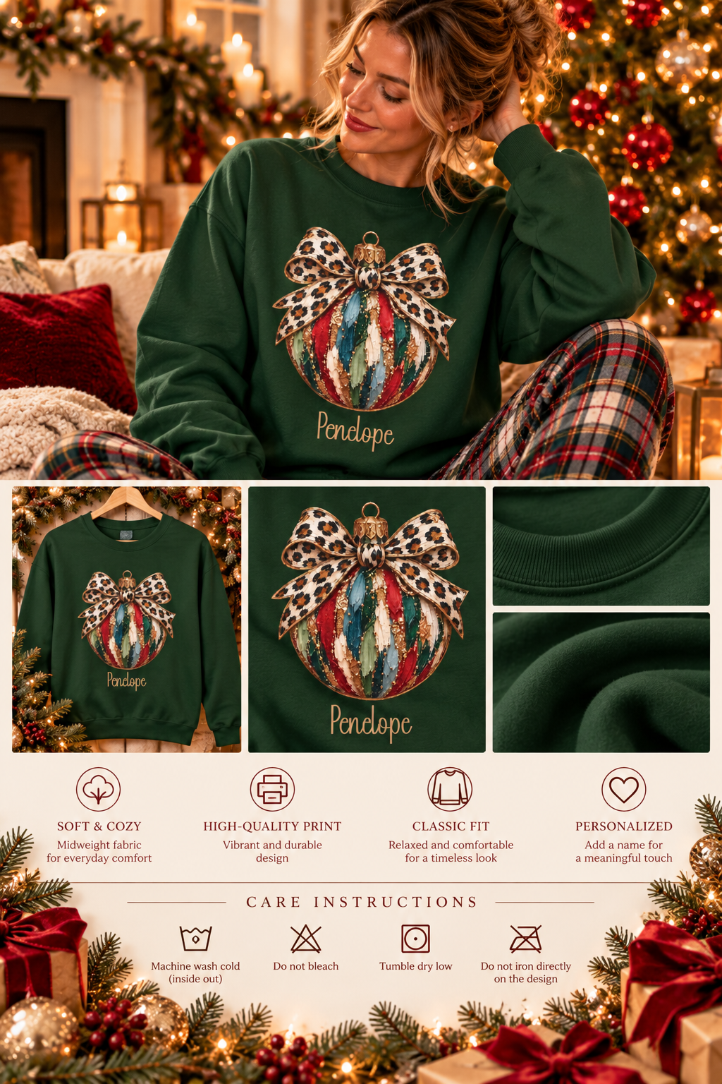 Personalized Leopard Bow Bauble sweatshirt infographic with features, gift details and care instructions