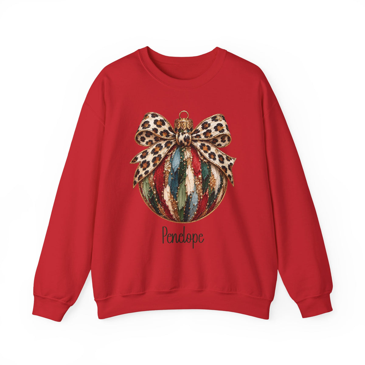 Red personalized Leopard Bow Bauble sweatshirt, front view