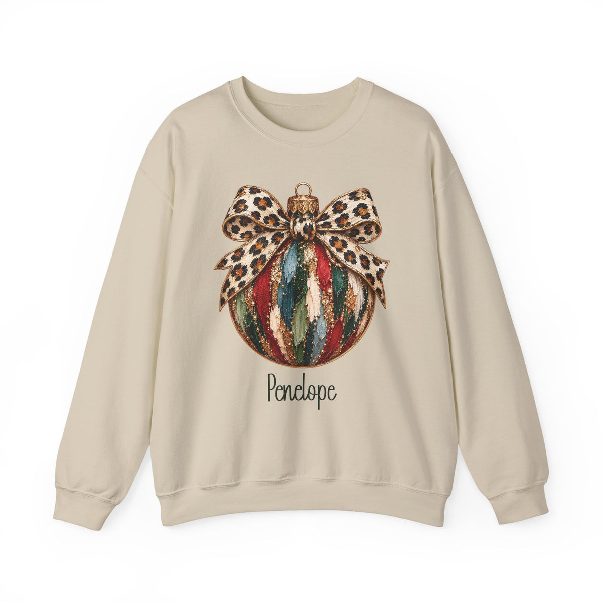 Sand personalized Leopard Bow Bauble sweatshirt, front view