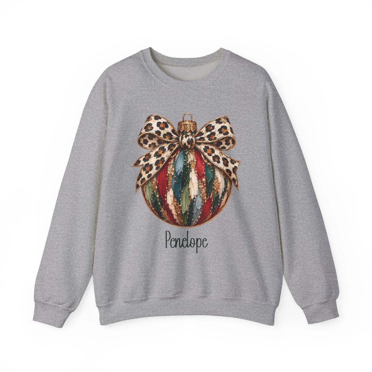 Sport Grey personalized Leopard Bow Bauble sweatshirt, front view