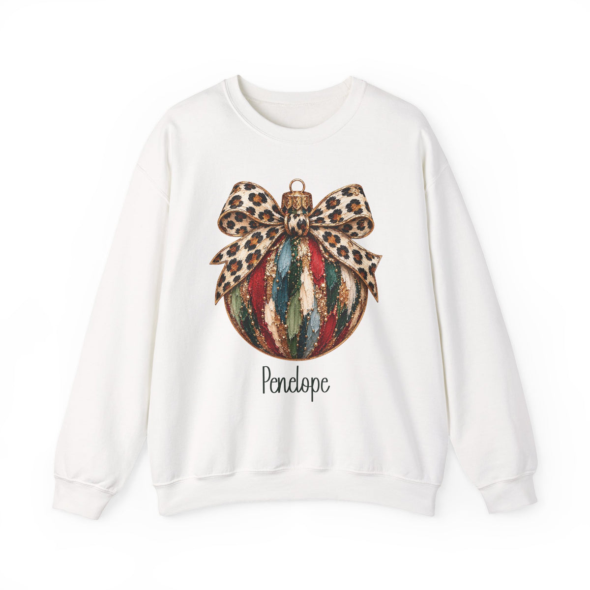 White personalized Leopard Bow Bauble sweatshirt, front view
