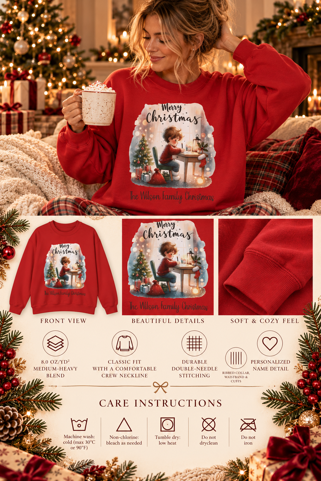 Personalized Letter to Santa Family Christmas sweatshirt infographic with features, gift details and care instructions