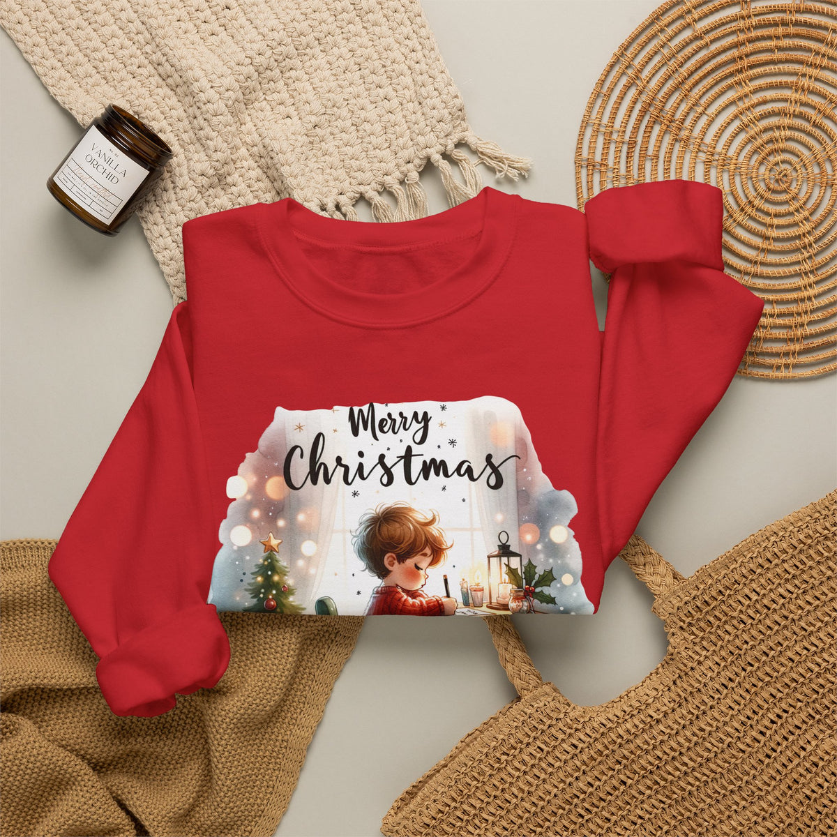 Red personalized Letter to Santa Family Christmas sweatshirt, flat lay with cozy knit blanket