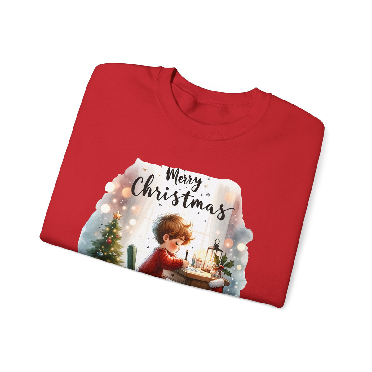 Red personalized Letter to Santa Family Christmas sweatshirt, folded