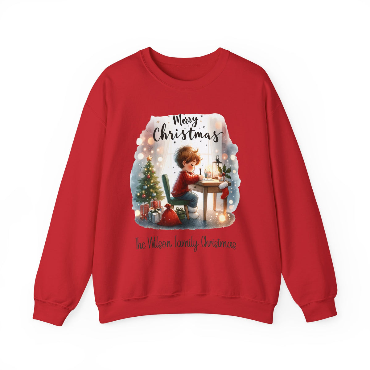 Red personalized Letter to Santa Family Christmas sweatshirt, front view