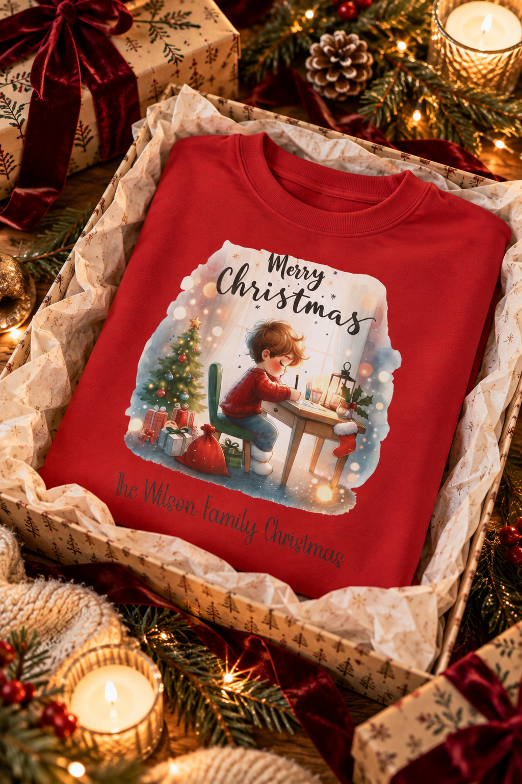 Red personalized Letter to Santa Family Christmas sweatshirt, in a Christmas gift box, lifestyle photo