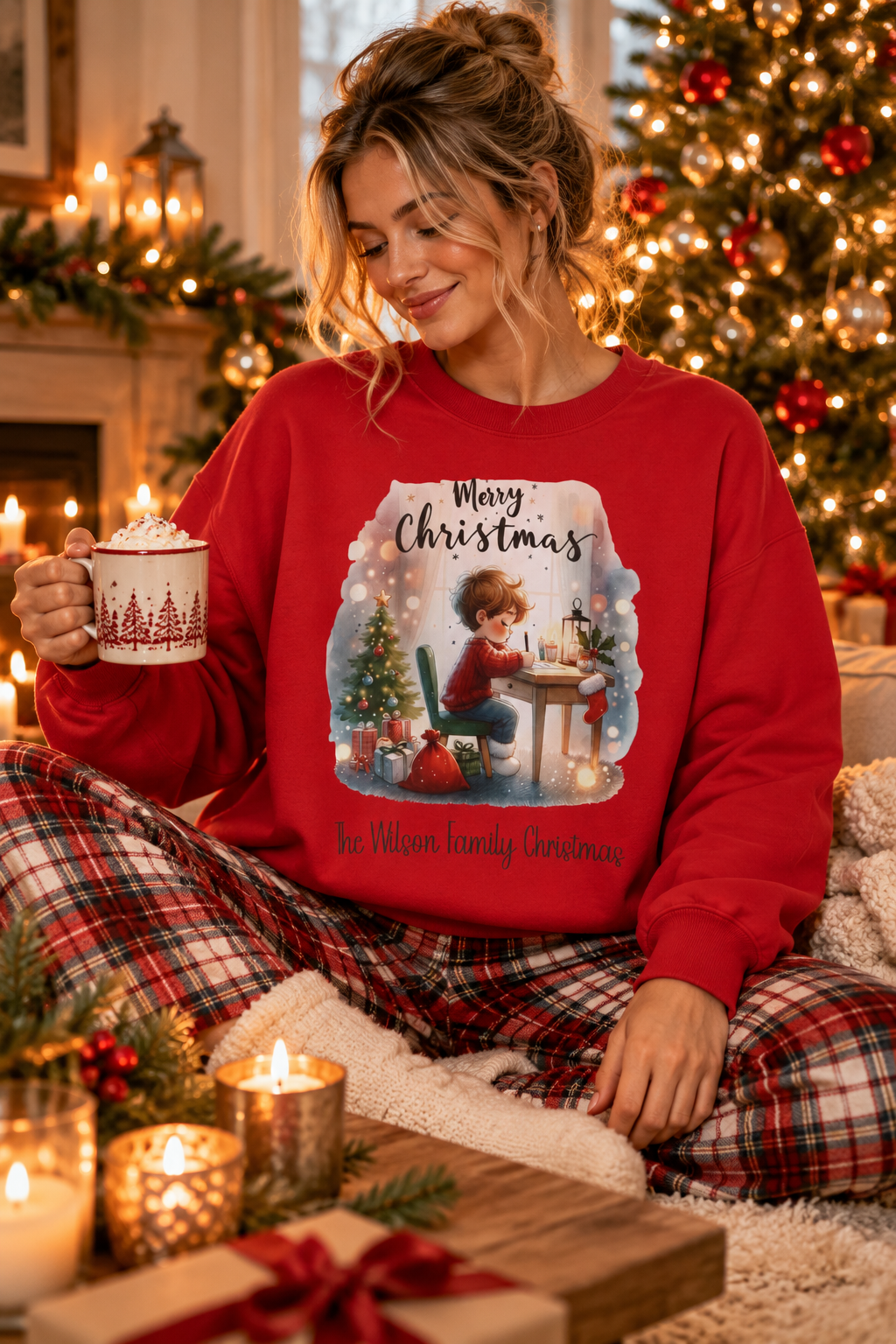 Red personalized Letter to Santa Family Christmas sweatshirt, lifestyle photo by the Christmas tree