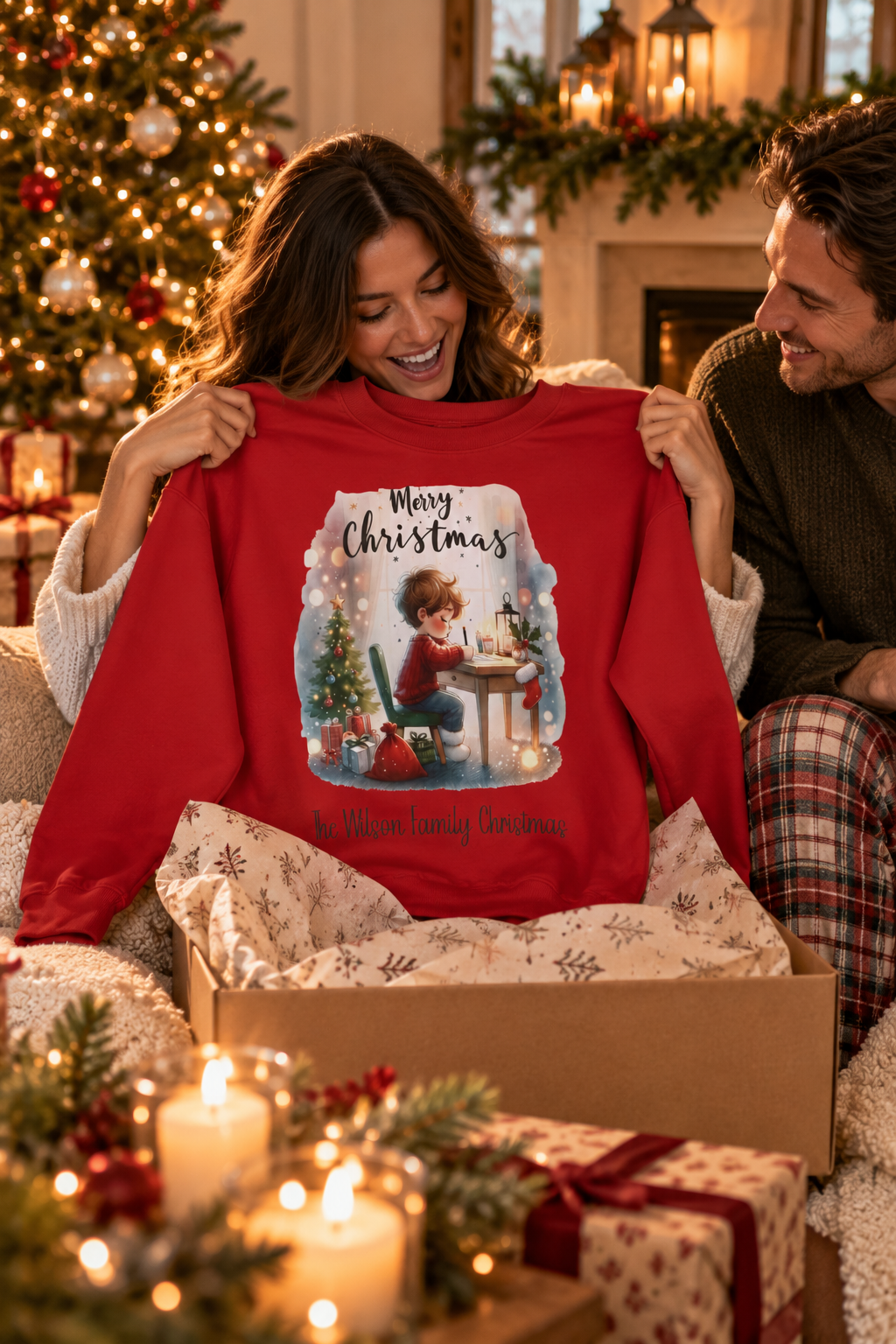 Red personalized Letter to Santa Family Christmas sweatshirt, couple unwrapping it as a Christmas gift, lifestyle photo